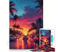 Rompecabezas difícil para Adultos Paisaje Urbano al Atardecer con Palmeras de 1000 Piezas, Juguete de lógica, vínculo Familiar, Corte de precisión, cálida Sorpresa 38x52cm