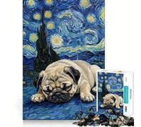Rompecabezas difícil para Adultos Pug durmiendo bajo una Noche Estrellada, 1000 Piezas Juego Inteligente para el hogar Disfruta del Montaje de la Imagen Regalo Festivo (50x75cm)