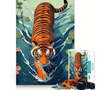 Rompecabezas difícil para Adultos Tigre vadeando en el Agua con nenúfares, 1000 Piezas, Juguete Inteligente, diversión Casual, Corte preciso, Regalo artístico 50x75cm