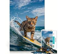 Rompecabezas Divertido de 1000 Piezas con diseño de Gato Surfista para Adultos Juguete para ejercitar la Mente Diversión en Interiores Diseño de Bordes precisos Coleccionable 38x52cm