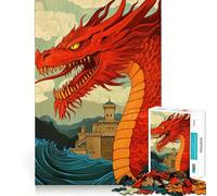 Rompecabezas Dragón Rojo y Castillo para Adultos, 1000 Piezas, Juego Inteligente, Ensamblaje de Patrón Tranquilo, Regalo Increíble (38x52cm)