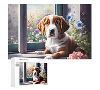 Rompecabezas duro para adultos, 1000 piezas, vista floral de ventana con lindo cachorro, rompecabezas para adultos, juego familiar para diversión familiar, gran regalo para juegos, 1000 piezas