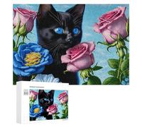 Rompecabezas duro para adultos, 300 piezas, gato negro con ojos azules y rosas rosas, rompecabezas para adultos, juego familiar para diversión familiar, gran regalo para juegos, 300 piezas