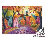 Rompecabezas Escena Pueblo Colorido 1000 Piezas Adultos Pueblo Otoño Camino Púrpura Casas Coloridas Duro Premium Grueso Resistente Vibrante Desafiante Alivio Estrés 52x38cm/1000pzs