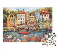 Rompecabezas Escena Pueblo Colorido 1000 Piezas Adultos Pueblo Pastel Canal Flores Acogedor Encantador Premium Grueso Resistente Vibrante Desafiante Duro Alivio Estrés Regalo 38x26cm/1000pzs