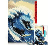 Rompecabezas Estilo Ukiyo-e de Gatos surfistas, 1000 Piezas para Adultos, para estimular la Memoria, para Pasar un Buen rato, para armar una Obra de Arte 50x75cm