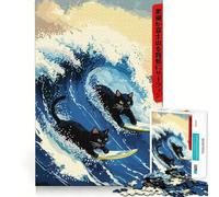 Rompecabezas Estilo Ukiyo-e de Gatos surfistas, 1000 Piezas para Adultos, para estimular la Memoria, para Pasar un Buen rato, para armar una Obra de Arte 38x26cm