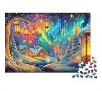 Rompecabezas Fairy Forest Night 1000 Piezas Adultos Pueblo Invierno Auroras Linternas Premium Grueso Resistente Vibrante Desafiante Duro Alivio Estrés Regalo 38x26cm/1000pzs