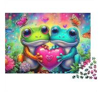 Rompecabezas Frog Love 1000 Piezas Adultos Ranas Corazón Mariposas Flores Premium Grueso Resistente Vibrante Desafiante Duro Alivio Estrés Regalo 38x26cm/1000pzs