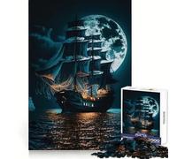 Rompecabezas Galeón Negro a la Luz de la Luna, 1000 Piezas, para Adolescentes Fomenta la concentración, la relajación y se entrelaza fácilmente Regalo Ideal (38x26cm)