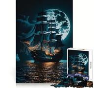 Rompecabezas Galeón Negro bajo la Luz de la Luna de 1000 Piezas para Adolescentes Poder Mental, Persecución Relajada, Bordes Uniformes, Regalo Ideal (50x75cm)
