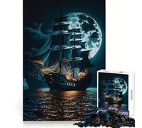 Rompecabezas Galeón Negro bajo la Luz de la Luna para Adultos, 1000 Piezas Ejercicio cognitivo Diversión Tranquila Sin Bordes ásperos Regalo Festivo (38x52cm)