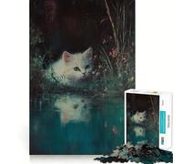 Rompecabezas Gatito Blanco Junto al Estanque para Adultos 1000 Piezas Juego para ejercitar la Mente Corte de precisión Bordes Suaves desafío Divertido para Pasar el Tiempo (50x75cm)