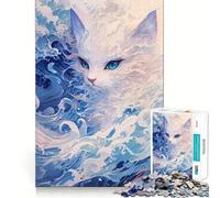 Rompecabezas Gatito Blanco Ola Azul 1000 Piezas Juego de Habilidad Mental Ajuste Estable Sin Piezas Desplazadas Pasatiempo Divertido para Fines de Semana Largos (50x75cm)