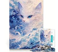 Rompecabezas Gatito Blanco Ola Azul para Adultos 1000 Piezas Juego de Memoria Cerebral Corte Láser para un Encaje Perfecto Aliviar el Estrés (38x26cm)