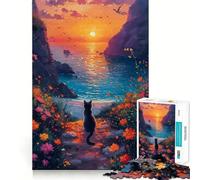 Rompecabezas Gato al Atardecer Junto al mar para Adolescentes, 1000 Piezas, Actividad para ejercitar la Mente en casa, Bordes precisos, Regalo Festivo 50x75cm