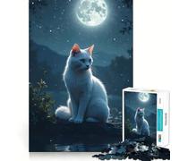 Rompecabezas Gato Blanco Bajo la Luz de la Luna 1000 Piezas Juego de Habilidad Mental Ajuste Estable sin Piezas Que se muevan pasatiempo Agradable para Fines de Semana Largos (38x52cm)