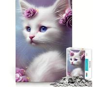 Rompecabezas Gato Blanco con Flores 1000 Piezas Juguete de Construcción Focus Ajuste Firme Montaje Seguro Juguete de Entretenimiento para Interiores (50x75cm)