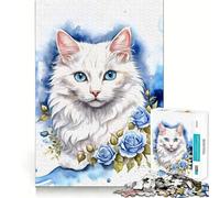 Rompecabezas Gato Blanco con Rosas Azules 1000 Piezas Diversión para ejercitar la Mente Componentes Resistentes y de Corte Limpio Un Entretenimiento cautivador para Disfrutar en casa (50x75cm)