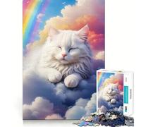 Rompecabezas Gato Blanco Durmiendo en Las Nubes para Adultos 1000 Piezas Juego de Memoria Ensamblaje Firme y Seguro Juego de Construcción de Conexión Significativa (38x26cm)