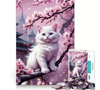 Rompecabezas Gato Blanco en Árbol de Cerezo Sakura 1000 Piezas Juguete de Construcción Focus Ajuste Firme Montaje Seguro Juguete de Entretenimiento para Interiores (50x75cm)