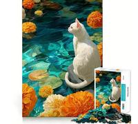 Rompecabezas Gato Blanco en Estanque Floral para Adolescentes 1000 Piezas Estimula la Mente Diversión Corte Limpio Componentes Resistentes Actividad Conmovedora para Compartir (50x75cm)