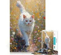 Rompecabezas Gato Blanco en un Prado Floral para Adultos 1000 Juego Think Boost Estructura de Enclavamiento Preciso Fácil de Aprender Diversión en Familia (38x26cm)