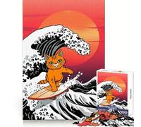 Rompecabezas Gato Naranja Surfeando Ola Gigante 1000 Piezas para Adultos Juguete Cognitivo Tiempo de Conexión Montaje Patrón Artículo Deseo de Papá Noel (38x26cm)