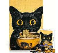 Rompecabezas Gato Negro Comiendo Ramen 1000 Piezas para Adultos Concentración Habilidad Tiempo Bien Empleado Interconexión Bien Sorpresa de Navidad (38x52cm)