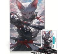 Rompecabezas Gato Samurai Blanco para Adolescentes 1000 Piezas Estimula la Mente Divertido Corte Limpio Componentes Resistentes Actividad Conmovedora para Compartir (50x75cm)