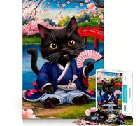Rompecabezas Gato Samurai en Sakura para Adolescentes, 1000 Piezas, Mejora la Memoria, Momento de Serenidad, Corte Premium, Regalo de Cumpleaños (38x26cm)