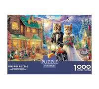 Rompecabezas Gatos Noche Invierno 1000 Piezas, Pareja Gatos Ciudad Motocicletas, Regalo, 38x26cm