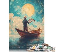 Rompecabezas Gigante de Pescador bajo la Luna, decoración única para el hogar, 100% cartón Reciclado, Ideal para niños o niñas, 1000 Piezas (38 x 26 cm)