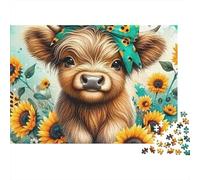 Rompecabezas Highland Cattle 1000 Piezas para Adultos Ternero de Las Tierras Altas con Lazo Verde y Girasoles Premium Grueso Robusto Vibrante Desafiante Difícil Regalo 70x50cm/1000pcs