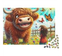 Rompecabezas Highland Cattle 1000 Piezas para Adultos Vaca de Dibujos Animados de Las Tierras Altas en Campo de Flores con Niña Premium Vibrante Desafiante Difícil Regalo 52x38cm/1000pcs