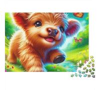 Rompecabezas Highland Cattle 1000 Piezas Regalo para Adultos Ternero Lindo de Las Tierras Altas Corriendo Junto al Arroyo con Mariposa Premium Desafiante Difícil Alivio de Estrés 52x38cm/1000pcs