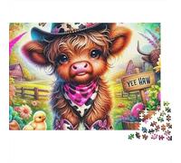 Rompecabezas Highland Cattle 1000 Piezas Regalo para Adultos Ternero Vaquero de Las Tierras Altas con Sombrero y Pollitos Premium Desafiante Difícil Alivio de Estrés 38x26cm/1000pcs