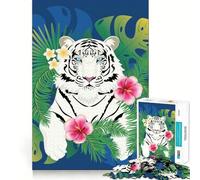 Rompecabezas Hojas Tropicales Tigre Blanco para Adolescentes 1000 Piezas Estimula la Mente Diversión Corte Limpio Componentes Resistentes Actividad Conmovedora para Compartir (38x52cm)