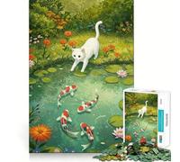 Rompecabezas ilustrado de Gato Blanco y Estanque de Carpas koi para Adultos 1000 Piezas Juego de Memoria Ajuste Firme Montaje Seguro Juego de construcción de Conexiones significativas (50x75cm)