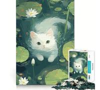 Rompecabezas ilustrado de un Gato Blanco en un Estanque de nenúfares para Adultos 1000 Piezas Juego de Memoria Cerebral Corte láser para un Ajuste Perfecto aliviar el estrés