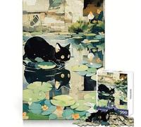 Rompecabezas ilustrado de un Gato Negro en un Estanque de nenúfares para Adolescentes, 1000 Piezas, potenciador de la Memoria, Escape Consciente, Corte preciso, Regalo Memorable (50x75cm)