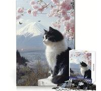 Rompecabezas japonés de 1000 Piezas con un Gato observando el Monte Fuji Ideal para Adultos Desarrolla la Memoria,fomenta la concentración y estimula el Ocio Bordes limpios Regalo Creativo (38x26cm)