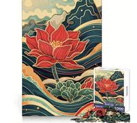 Rompecabezas japonés de Arte con Flor de Loto roja para Adultos, 1000 Piezas, para Mejorar la Memoria, aliviar el estrés, diseño para armar, Regalo Memorable (38x26cm)
