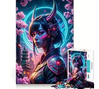 Rompecabezas japonés de Chica samurái neón para Adolescentes, 1000 Piezas, Juguete para ejercitar la Mente, antiestrés, Corte Premium, Regalo increíble (38x52cm)