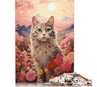 Rompecabezas japonés de Gato en Flor de Cerezo, 100% cartón Reciclado, Rectangular, para Adultos y niños, 1000 Piezas (26 x 38 cm)