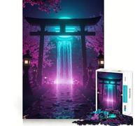 Rompecabezas japonés de neón con Puerta Torii y Cascada para Adultos, 1000 Piezas, Juguete de lógica Resistente, Juego Relajante, Borde Transparente, Regalo artístico (38x52cm)