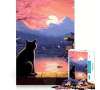 Rompecabezas japonés El Gato de la Noche de la Luna para Adolescentes, 1000 Piezas, Mejora la Memoria, diversión Tranquila, Bordes precisos, Regalo artístico 38x52cm