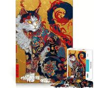 Rompecabezas japonés ornamentado de 1000 Piezas con ilustración de Gato para Adolescentes Juguete para desarrollar la lógica y la Capacidad de relajación Corte preciso Regalo Ideal (38x26cm)