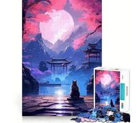Rompecabezas japonés The Moon Night Cat para Adultos, 1000 Piezas, para estimular la Memoria, Crear un Ambiente Acogedor y armar un Rompecabezas con la Lista de Deseos de Santa Claus 50x75cm