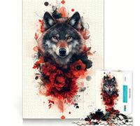 Rompecabezas Lobo con Flores Rojas 1000 Piezas Juego de Habilidad Mental Ajuste Estable sin Piezas Que se muevan pasatiempo Divertido para Fines de Semana Largos (38x52cm)